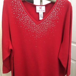 Quaker Factory Red Rhinestone Sweater Holiday NWT